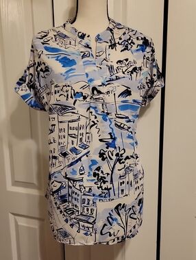 Classic Women's Scenic Print Blouse - Blue & White